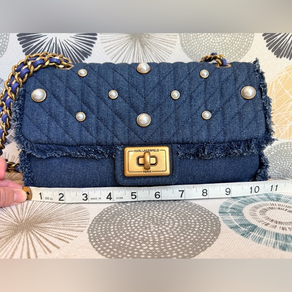 Karl Lagerfeld Denim Blue Pearl Embellished Shoulder Bag NWT and Dust Bag - Picture 3 of 14
